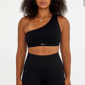 SET ACTIVE Sculptflex Ribbed One Shoulder Sports Bra Black Women's Size S